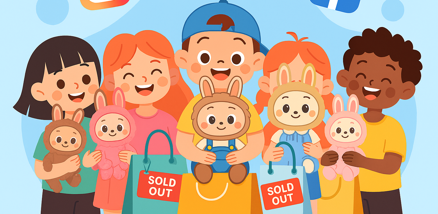 “Labubu plush toy surrounded by fans and social media icons, illustrating viral engagement, emotional storytelling, and brand loyalty in the digital age.”