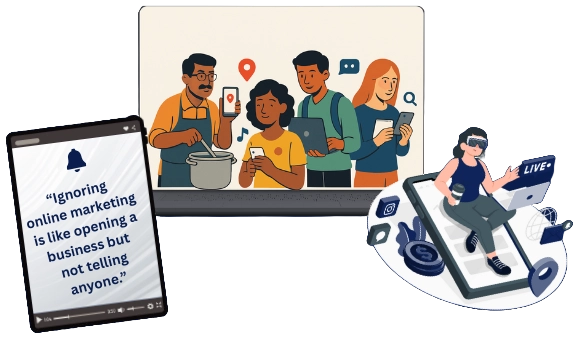 A graphic demonstrating the impact of digital marketing on various people, including a family and a chef using a laptop and phone.