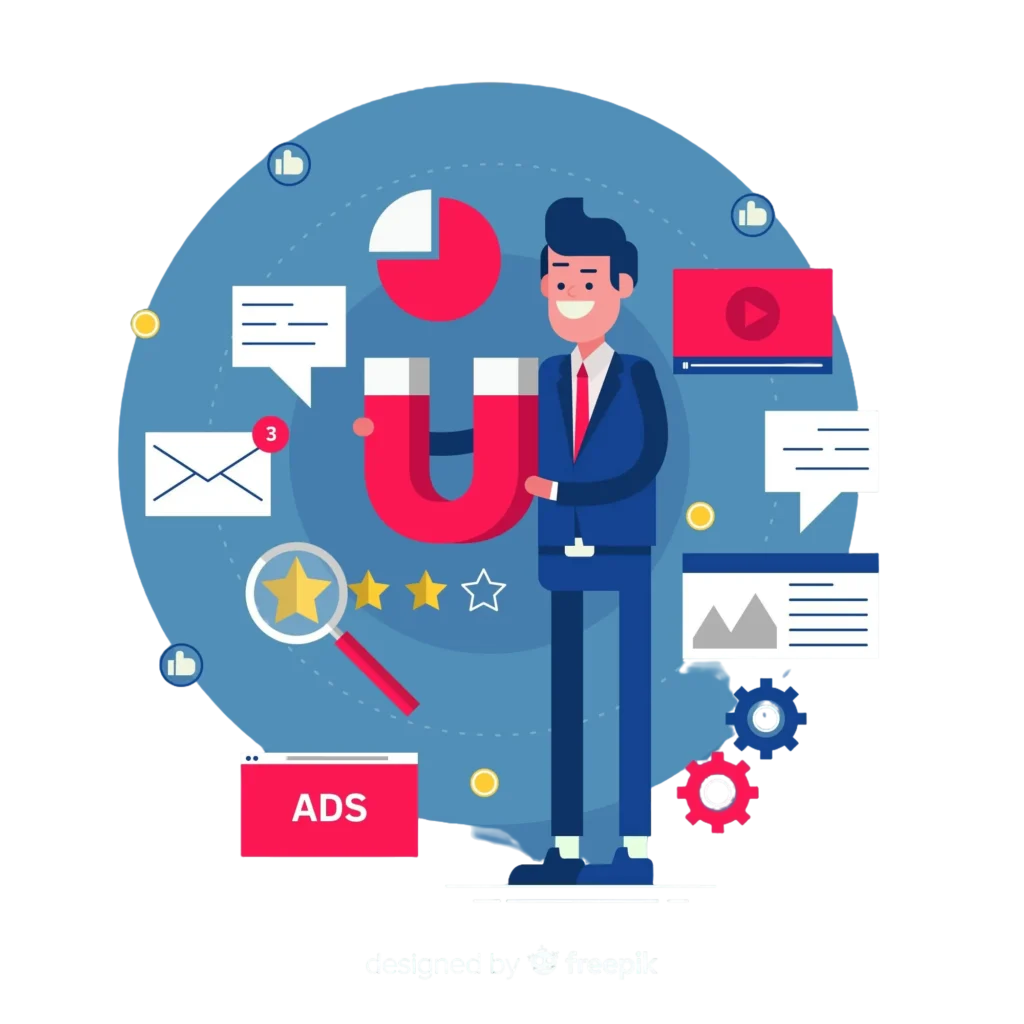 Man in a red shirt helping a client with a digital marketing strategy.